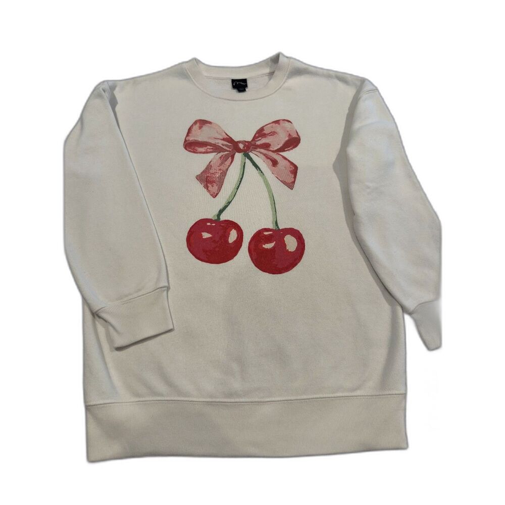 Art Class Cute Cherry & Bow Graphic Crewneck Sweatshirt (Cream / White)